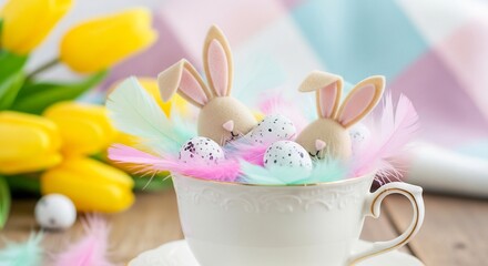 Easter Bunny with Colorful Egg Basket on Blue Background, Spring Holiday Concept