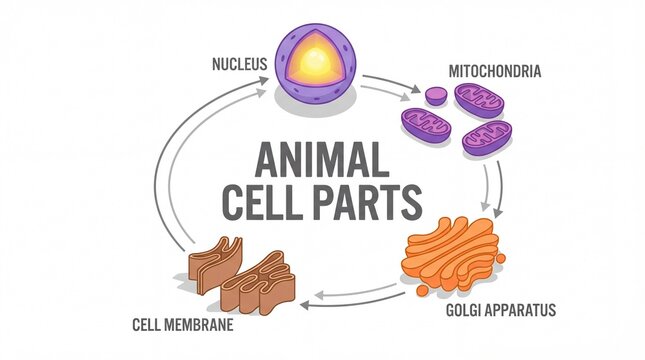 Animal Cell Parts Diagram: Nucleus Mitochondria Golgi Apparatus Cell Membrane.