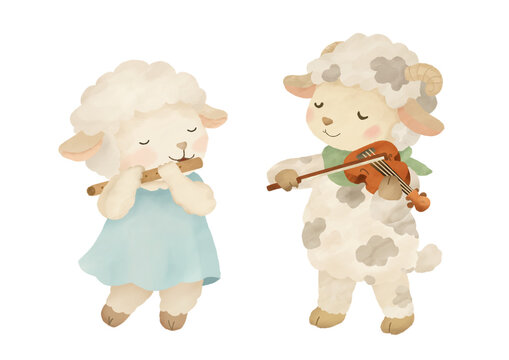 Cordeiros tocando instrumentos musicais - Ilustra&ccedil;&atilde;o infantil fofa e agrad&aacute;vel - estilo aquarela feita a m&atilde;o