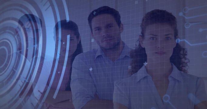 Trio standing while HUD appearing and code scrolling, woman turning to man, reinforcing tech team
