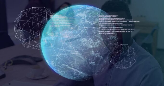 Team in business meeting watching holo globe emerging rotating revealing wireframe code for review