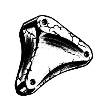 Abstract black and white ink drawing of a stylized snake head with cracked texture