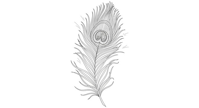 Intricate hand-drawn sketch of a single peacock feather with detailed eye pattern. Black and white line art illustration.