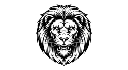 Fototapeta premium Fierce majestic lion head illustration, black and white graphic. Powerful king of the jungle face with roaring expression and flowing mane.