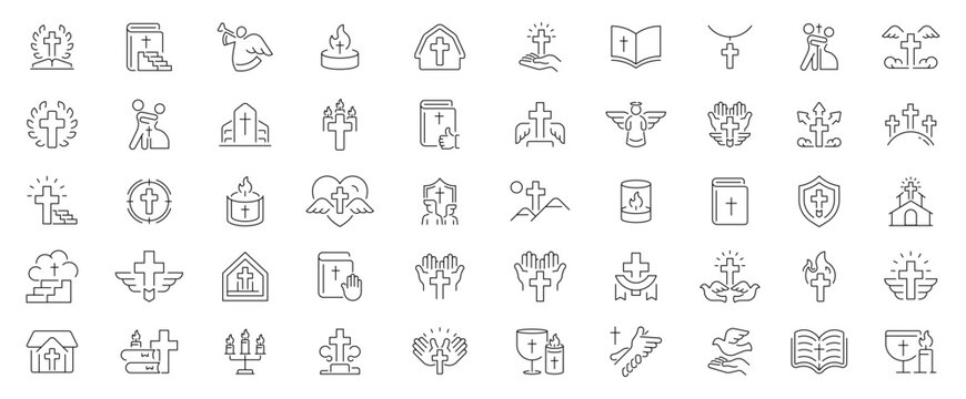 Christian religion icons set. editable line icons, outline, faith and worship symbols