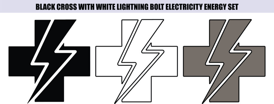 Black cross with white lightning bolt electricity energy symbols