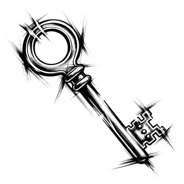Vintage skeleton key with a grunge artistic sketch style on a white background