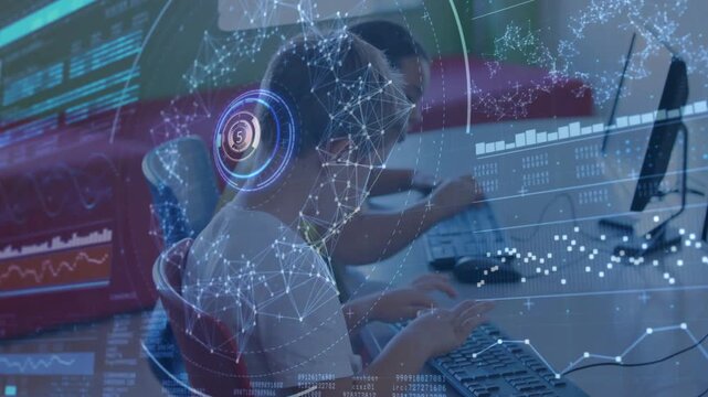 Girl typing and boy using mouse in school lab, causing animated nodes and charts showing learning