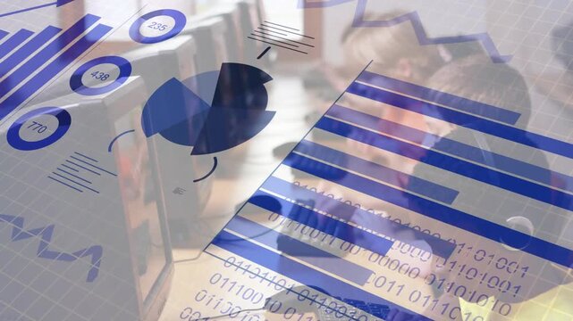 Students typing in lab causing animated charts, binary code expanding across monitors for learning