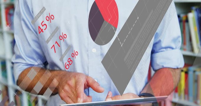 Man holding tablet and tapping by shelves, causing % updates, pie charts, map layers in analytics