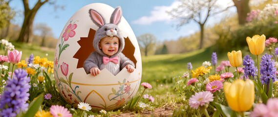 Fototapeta premium Adorable Caucasian toddler girl in gray bunny costume peeking out from a large decorated Easter egg, blooming spring flower field background, festive banner with copy space.