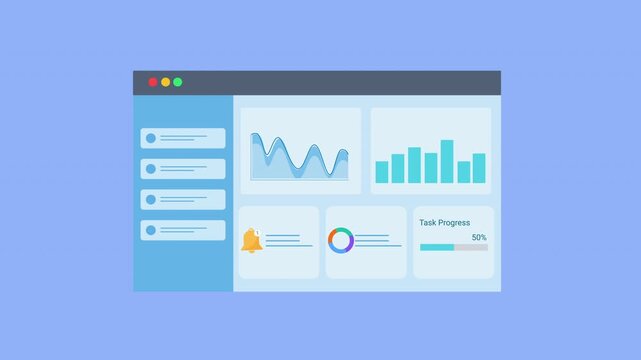 Animated flat dashboard interface displaying charts, graphs, and data panels with alert icon in a browser window. Concept of analytics monitoring, system notification, business reporting, and digital 