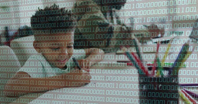 Child leaning and reaching, dad guiding pen on paper, teaching while binary code overlay animating