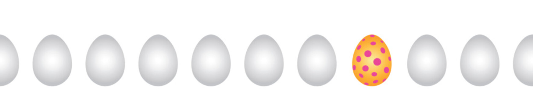Wei&szlig;e Eier in einer Reihe, nur eines ist ein bunt bemaltes Osterei mit roten Punkten, horizontales Banner im Querformat, transparent ohne Hintergrund