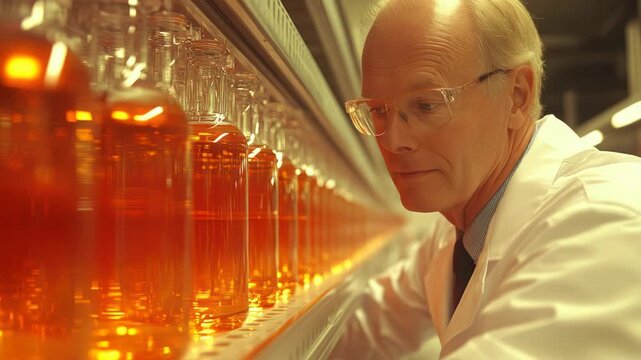 Scientist in lab coat looks at camera, rows of bottles filled with orange liquid in focus