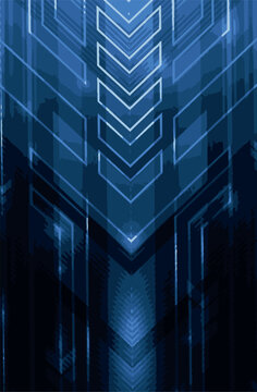 Abstract blue geometric background with sharp V-shape arrows and futuristic tech patterns