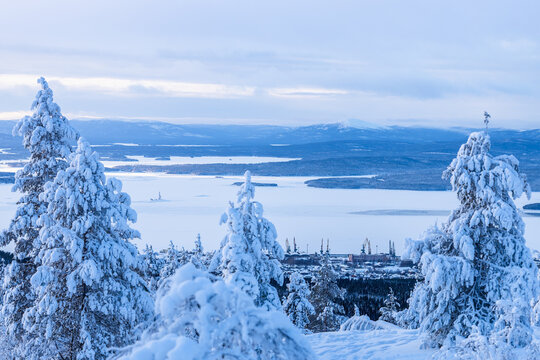 above view of port of Kandalaksha town in evening