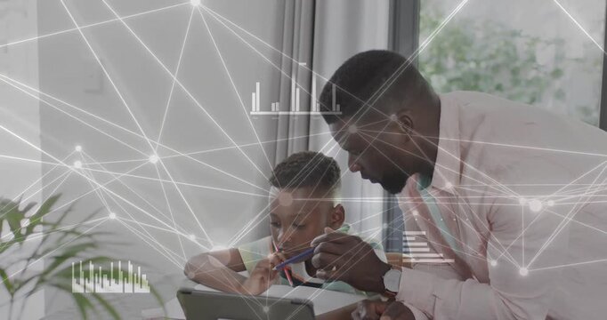 Father leaning over and pointing at tablet causing network overlays showing education data for son