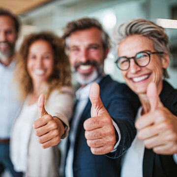 Four diverse professionals smiling and giving thumbs up, conveying positivity and teamwork in a bright office setting.