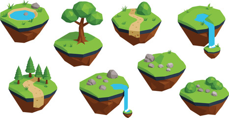 Floating island landscape set with trees, rocks, rivers and waterfalls, fantasy nature terrain elements in colorful isometric vector illustration collection © tofajjol studio
