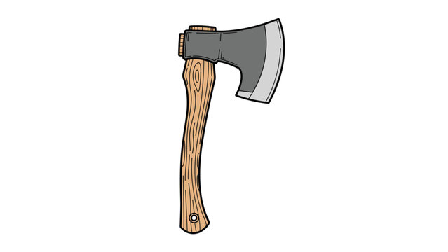 Hand drawn color illustration of a classic forest axe with a sturdy wooden handle and a sharp steel blade for woodcraft.