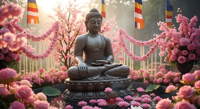 Buddha statue in pink flowers and Buddhist flags