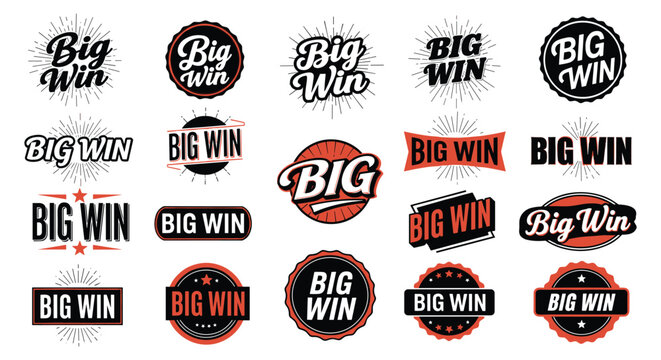 Big win badges, celebration logos, retro typography, bold lettering, stars, banners, rays, promotional design, victory branding, flat vector illustration