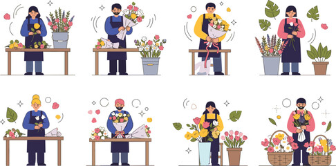 Fototapeta premium Vector Set of Professional Florists Arranging Beautiful Flower Bouquets and Working in Flower Shop Isolated on White Background