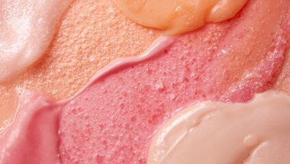 Fototapeta premium Displaying macro cosmetic swatches blending on product palette with glossy bubbles and ridges