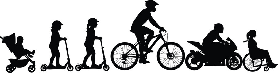 Obraz premium Evolution of Mobility Silhouettes Set with Baby Stroller, Kids on Scooters, Bicycle Rider, Motorcycle Biker, and Person in Wheelchair, Isolated Vector