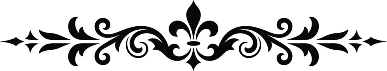 Decorative black flourish border with fleur de lis and swirling patterns on transparent background © MOSTLAKI