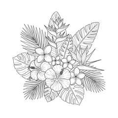 Fototapeta premium Tropical floral arrangement with hibiscus, plumeria, and bird of paradise flowers in line art