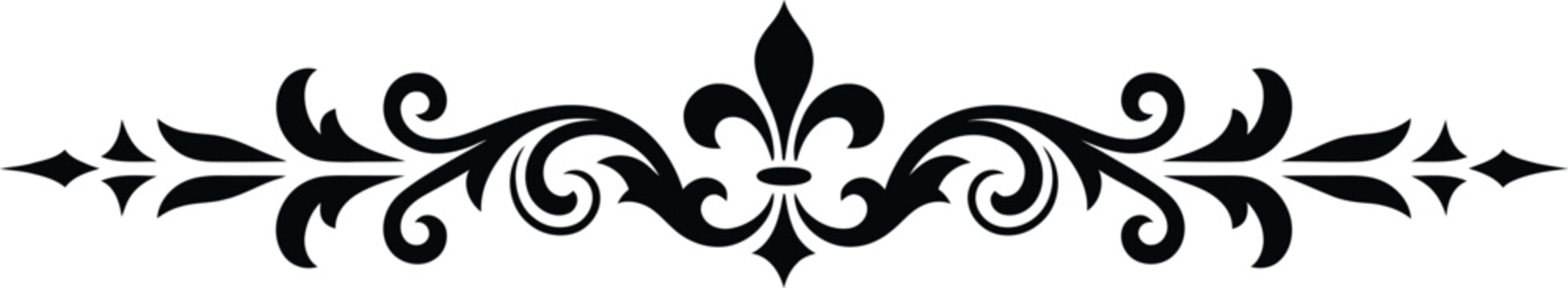 Decorative black flourish border with fleur de lis and swirling patterns on transparent background