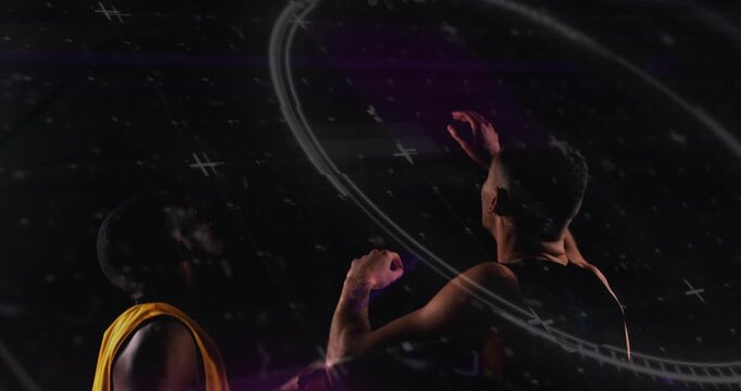 Basketball player elevating for dunk after defender moving, trying to score while overlays sweeping