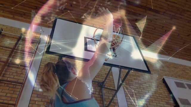 Female player reacting to ball arc, jumping shooting under hoop in sports, animated globe over play