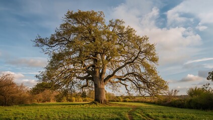 Standing mature broad-canopied deciduous tree casting soft shadows across grassy meadow, dirt path