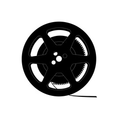 Obraz premium Classic black film reel with perforations and a trailing strip of celluloid