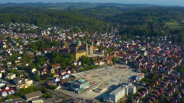 Aerial view of the city and monastery Weingarten in south Germany on a sunny afternoon in Spring 