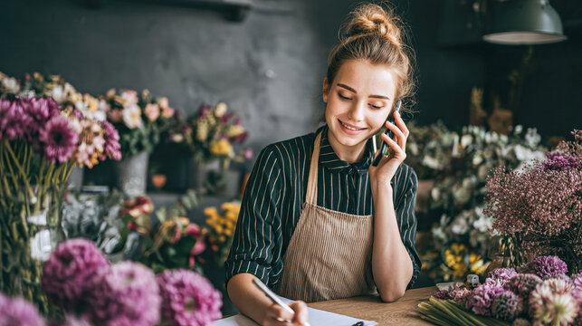 A smiling florist wearing an apron talks on the phone while writing notes, surrounded by colorful flowers in a cozy flower shop.
