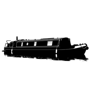 Silhouette of a narrowboat floating on calm water, a classic canal boat design