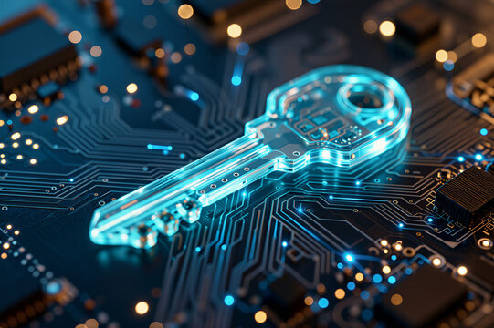 Clear blue glass key with internal circuitry lying on dark electronic paths, shallow depth of field, neon bokeh for software licensing themes. Digital authentication atmosphere