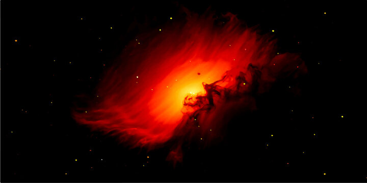 An abstract explosion of red and orange fire and smoke fills the black sky with a burning heat and fiery power, creating a hot inferno of light and energy from an exploding inferno