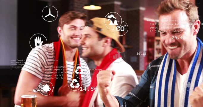 Three male fans reacting to offscreen sports goal rising and cheering as graphs flowing over bar