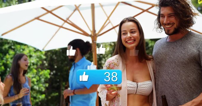 Couple holding drinks under shade blue badge appearing animating thumbs raising social likes to 95