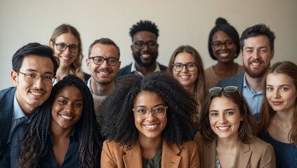 Obraz premium Posing eleven-person team against beige wall, center woman curly wearing brown blazer, clear specs