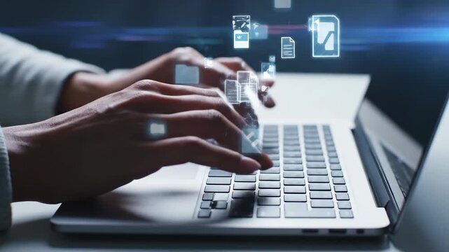 Close-up of hands typing on a laptop keyboard with digital file icons floating above, representing data management and cloud computing.