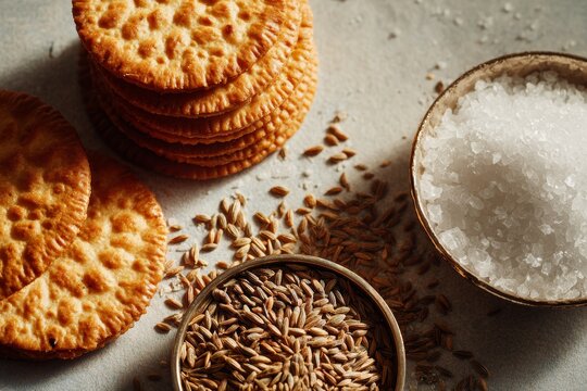 Mathri stacked on light-colored concrete surface, accompanied by small bowls with cumin seeds, sea salt. Concept of flaky biscuit Indian festive traditional snack setting.