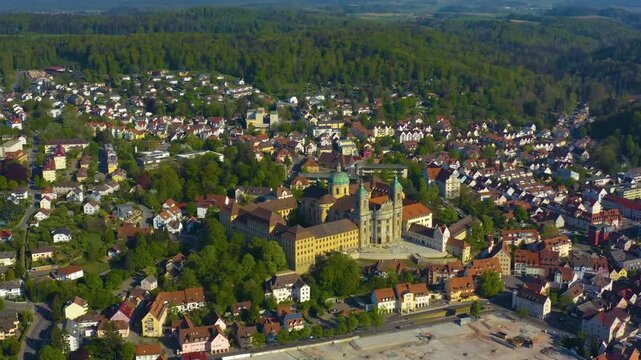 Aerial view of the city and monastery Weingarten in south Germany on a sunny afternoon in Spring 