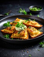 Fototapeta premium Gebratene Maultaschen mit Kräuterschaum