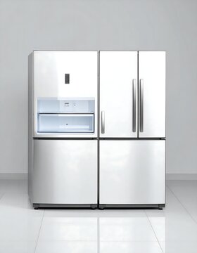 Modern Four-Door Refrigerator with Water Dispenser in a Bright Kitchen.